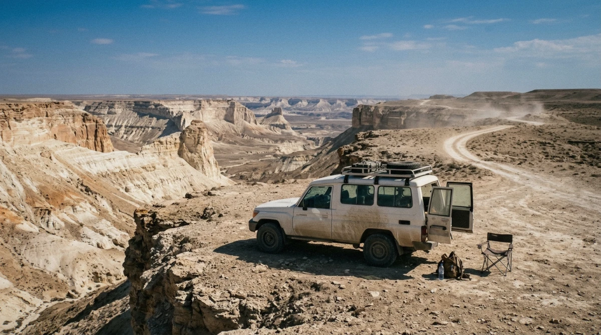 A 4x4 parked at a chalk viewpoint in Mangystau, the vehicle whose price decides the real cost of a Mangystau trip