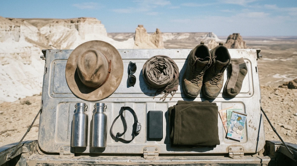 Layered clothing, a dust-proof camera bag and closed shoes laid out for a Mangystau tour