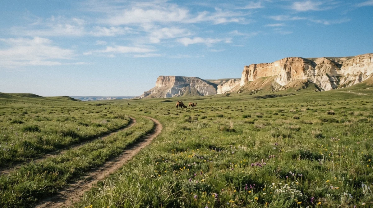 Green spring steppe under a wide sky in Mangystau, the season locals call the best time to visit Mangystau